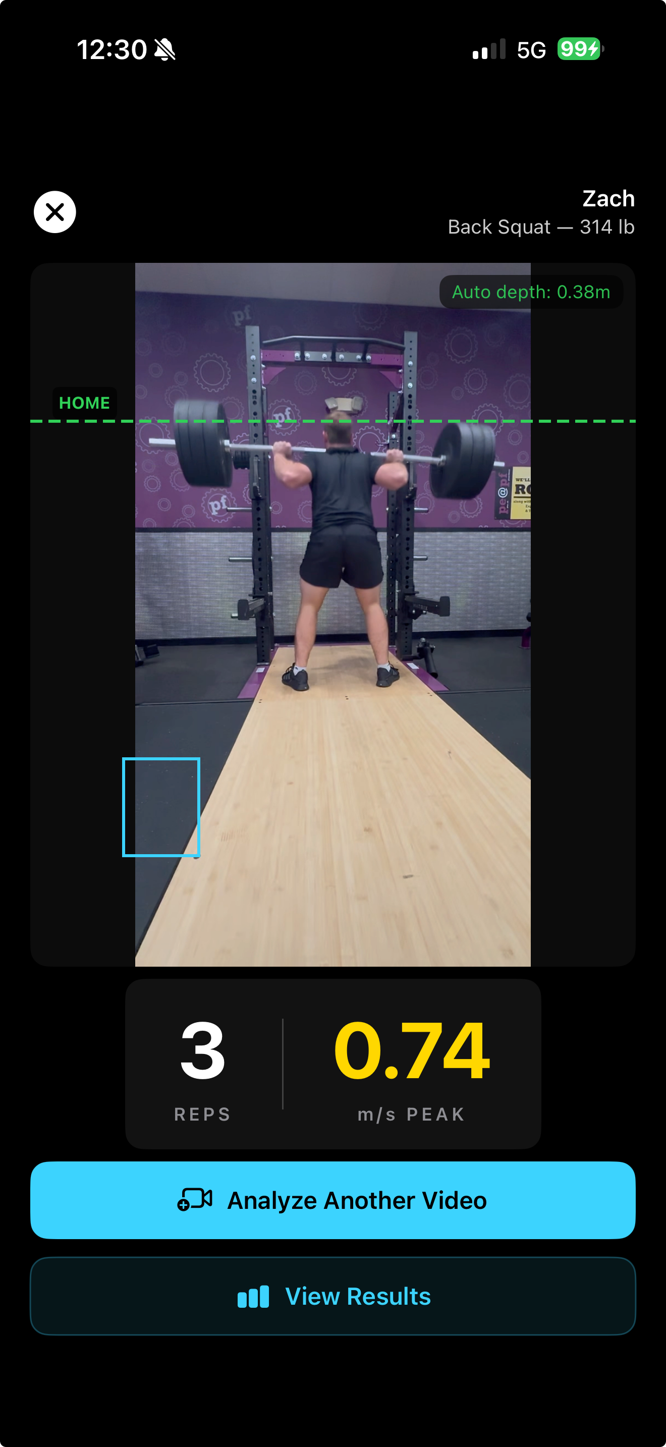 VeloTrack lift video analysis screen showing auto depth, reps, and peak velocity