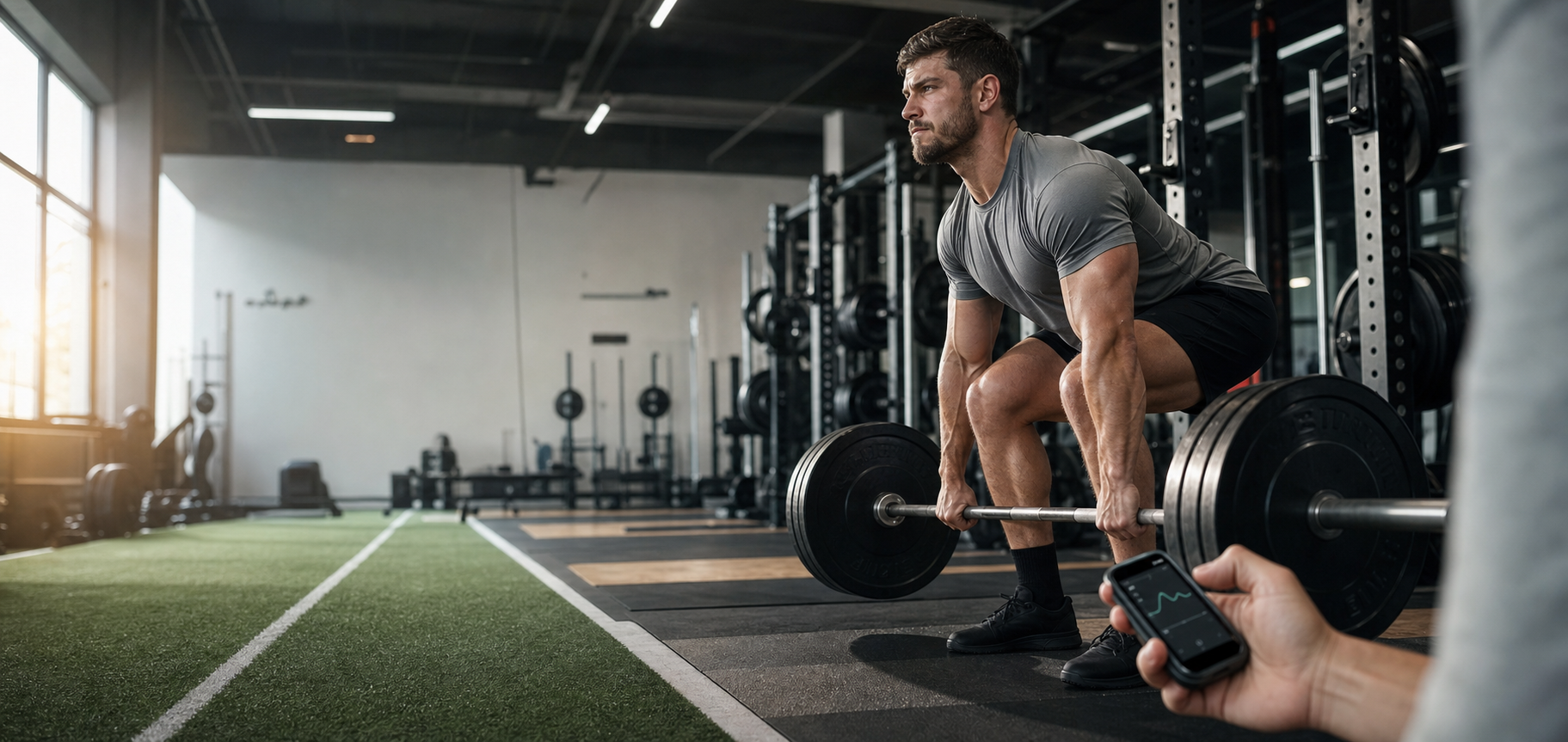 Athlete training with a handheld velocity tracking device in a strength gym